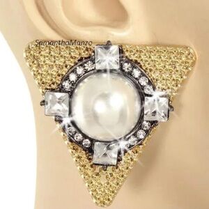 Princess Cut Pearl Pave Set Crystal Stud Earrings Gold Black Triangle Trilliant